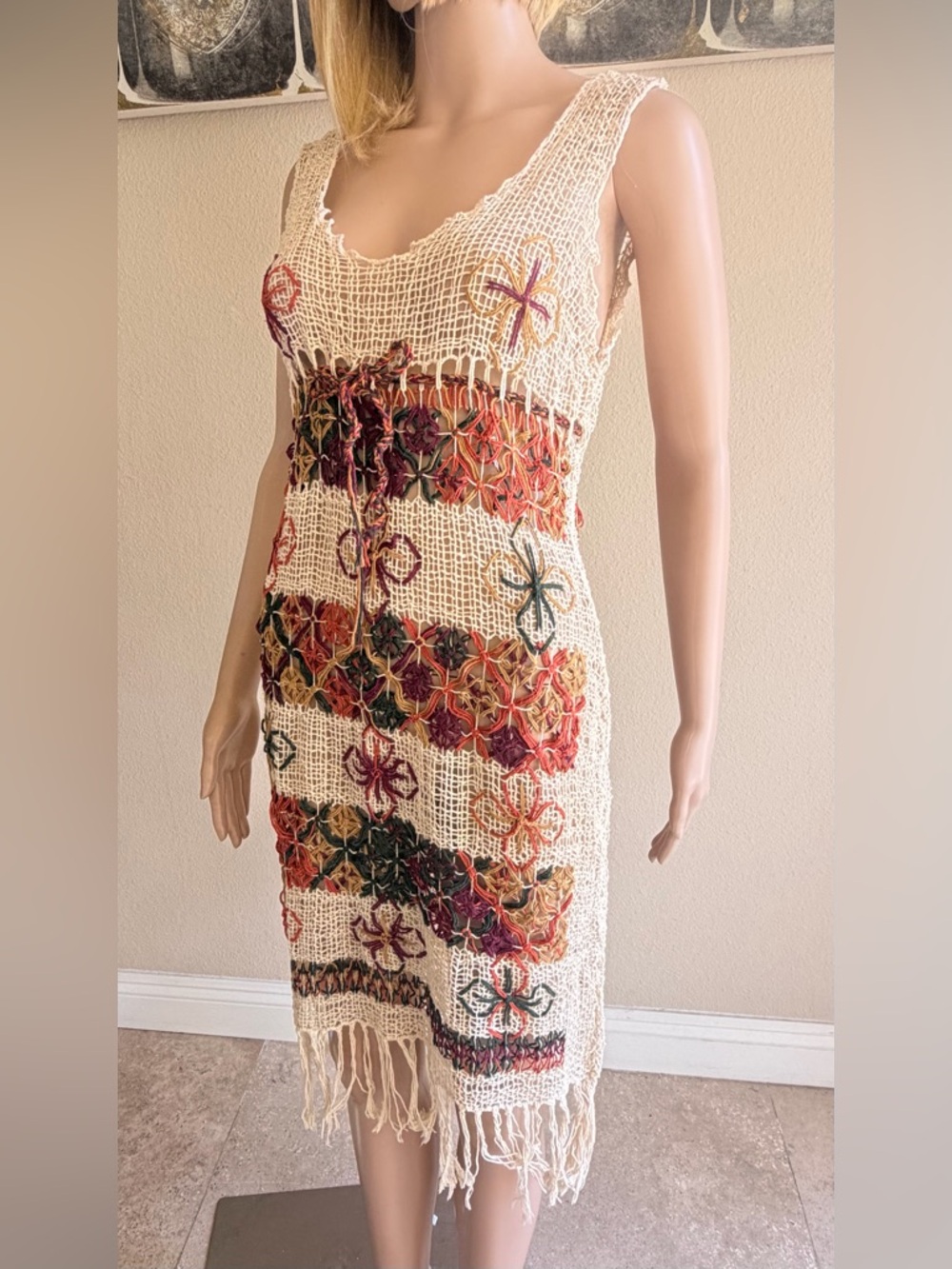 Handmade Boho Crochet Cream Midi Dress with Autumn Floral Accents